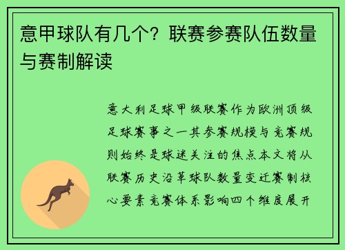 意甲球队有几个？联赛参赛队伍数量与赛制解读